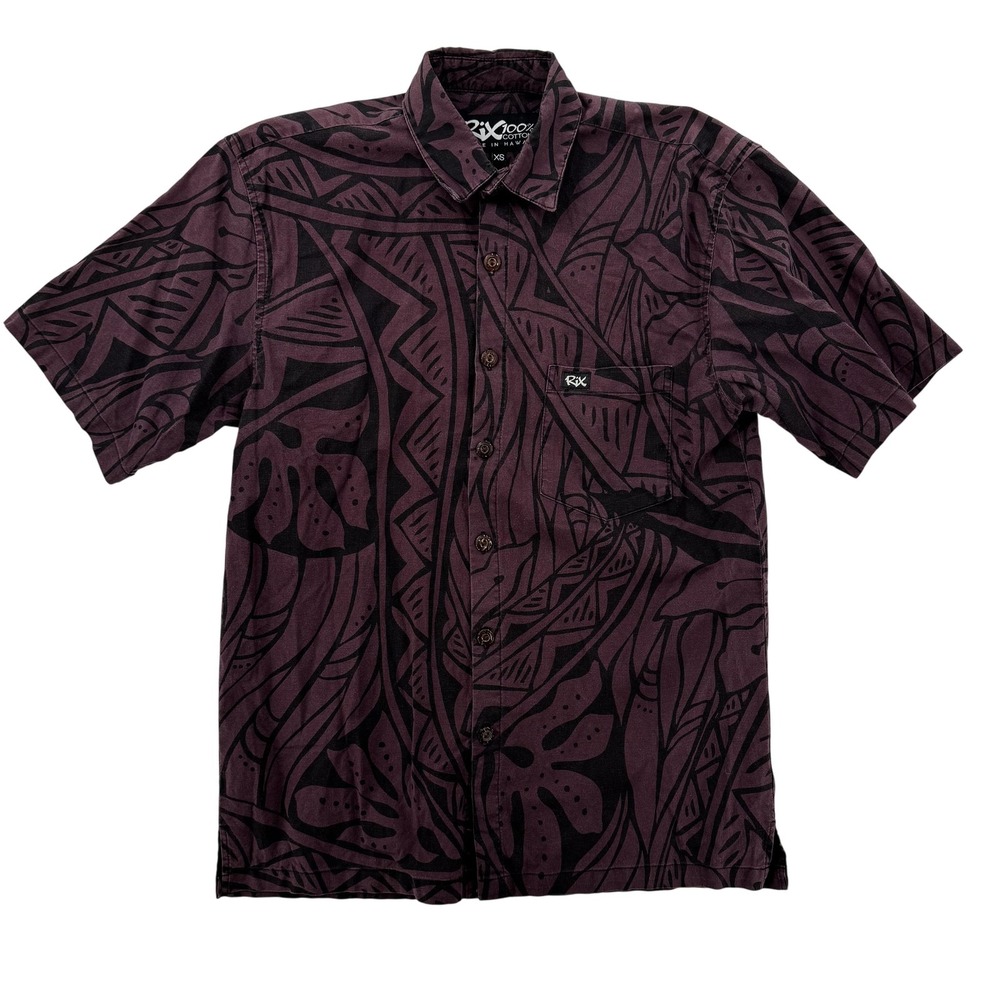 Rix‎ Shirt Mens XS Purple Black Hawaiian Aloha Floral Casual Made Hawaii
